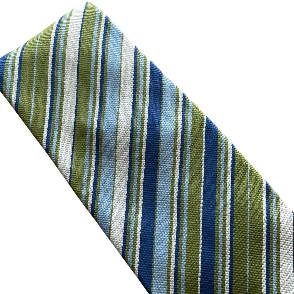 Vintage Burberry London long silk necktie green blue stripe hand made in England - Picture 9 of 13